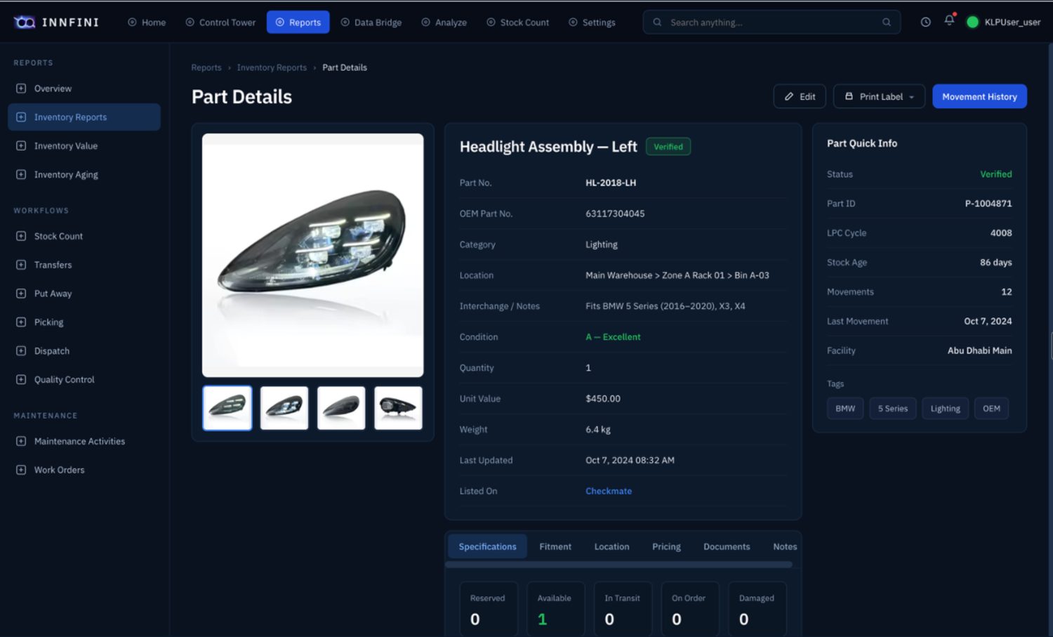 INNFINI part details — a single tagged part with location, condition, movement history and stock status