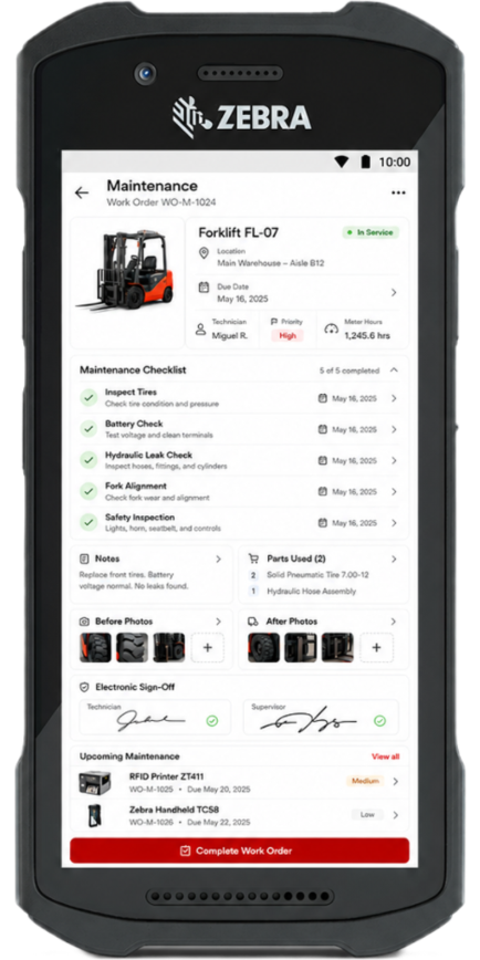 Maintenance work order on a Zebra handheld